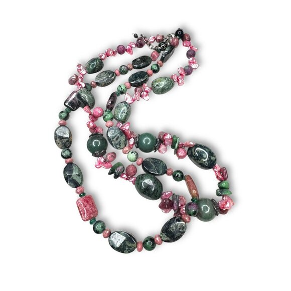 Sterling Silver Multi Gemstone Necklace Emerald Ruby Jasper Pearl 18 Inch - Picture 5 of 7